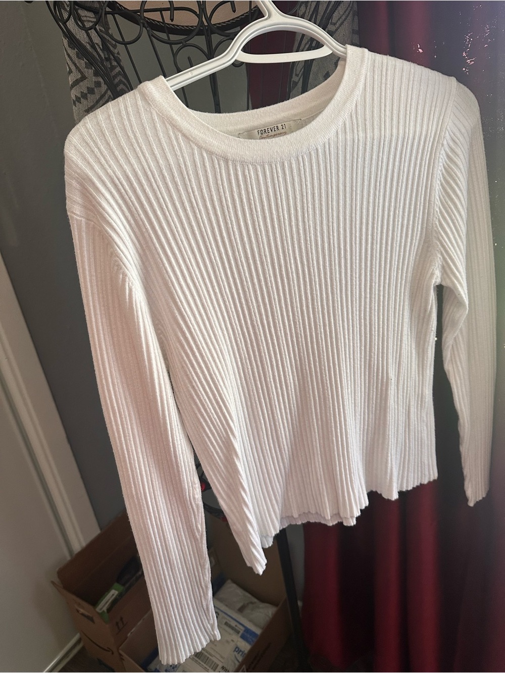 Forever 21 White Ribbed Long-Sleeve Top